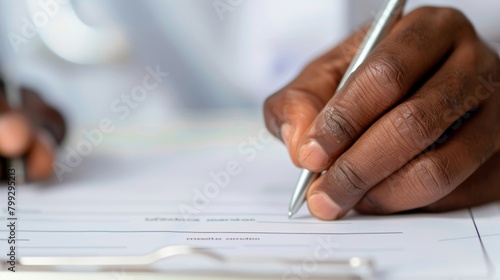 Doctors write medical forms, paperwork, scripts, prescriptions, and sick notes for hospital and clinic patient records, test results, and research. Doctor signs medical document photo