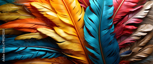 A stunning close-up shot showcasing the rich colors and intricate texture of elegantly arranged feathers photo