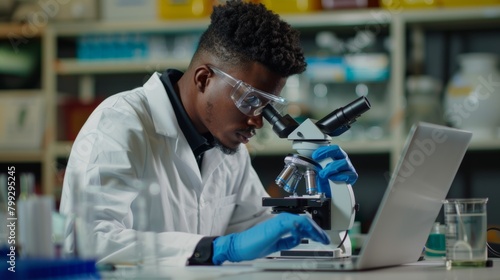 Microscope, laptop, black man, research, medical, typing, data analytics, digital app, chemistry. African scientist, biologist, or computer user with lab equipment and healthcare