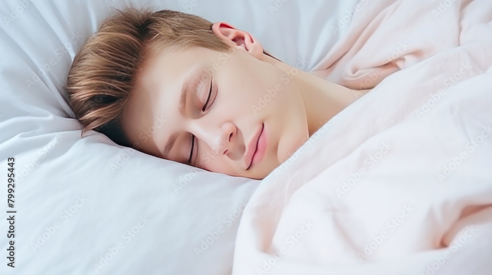 Young Caucasian man sleeps under warm plaid on soft bed at home closeup