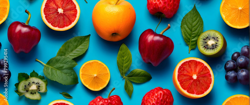 A vibrant array of freshly sliced fruits arranged neatly on a vivid blue backdrop, symbolizing health and vitality photo