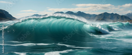 This dramatic image showcases a powerful wave cresting, poised to crash against a backdrop of distant mountains under a clear sky