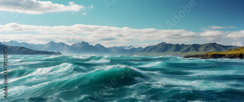 A panoramic view of powerful ocean waves with distant mountains under a serene blue sky, showcasing nature's wild beauty