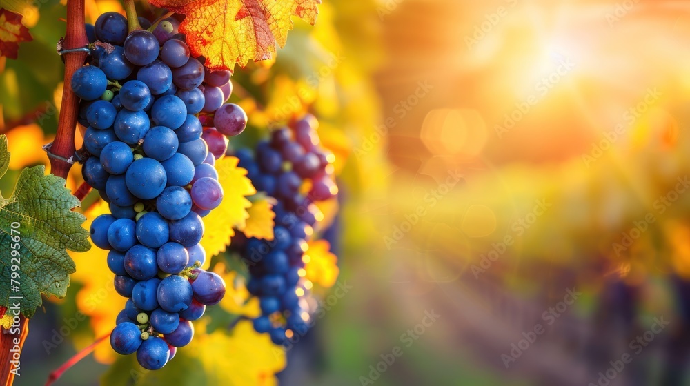 Bunch of Blue Grapes Hanging in Vineyard. Winemaking and Agriculture Concept,