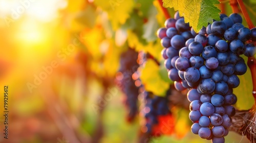 Bunch of Blue Grapes Hanging in Vineyard. Winemaking and Agriculture Concept,