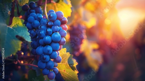 Bunch of Blue Grapes Hanging in Vineyard. Winemaking and Agriculture Concept,