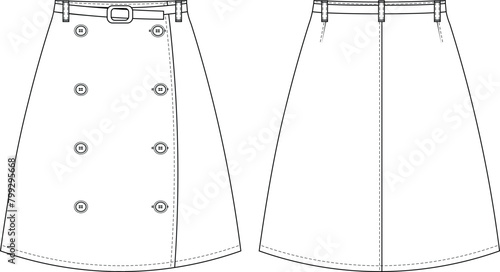 belted double buttoned belted darted a-line short knee length denim jean skirt template technical drawing flat sketch cad mockup fashion woman design style model
