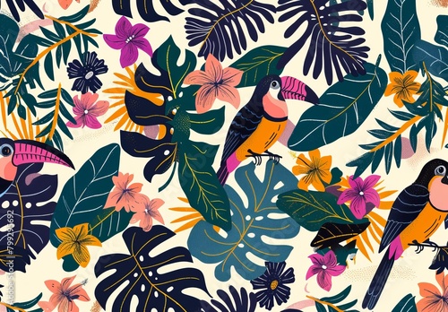 Seamless pattern background influenced by the organic forms and vibrant colors of tropical rainforests with colourful birds and flowers