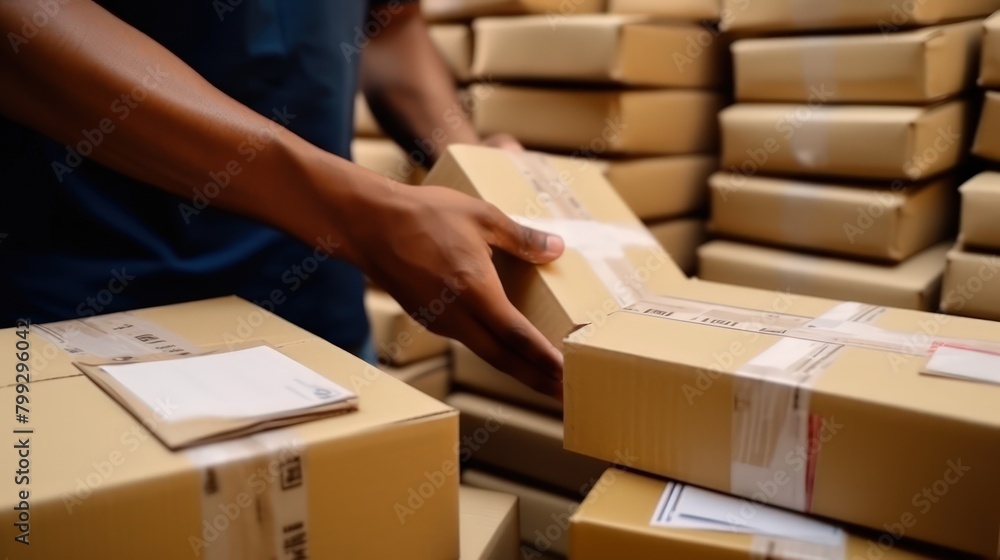 Delivery serviceman while working in a postal service warehouse. Male hands with parcels. Cardboard boxes with parcels from online stores at the post office. Delivery serviceman while working in a postal service warehouse. Male hands with parcels. Cardboard boxes with parcels from online stores at the post office.