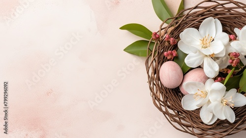 A visual delight! This enchanting photo features a basket adorned with Easter eggs, creating a festive centerpiece for a joyful celebration photo