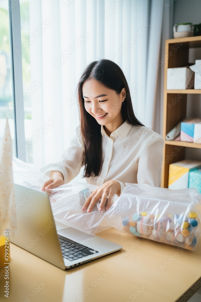 The seller's command post, where he steers his online empire to success. Smiley young Asian woman sits in front of laptop monitor in a warehouse of products during online video call with a customer. The seller's command post, where he steers his online empire to success. Smiley young Asian woman sits in front of laptop monitor in a warehouse of products during online video call with a customer.