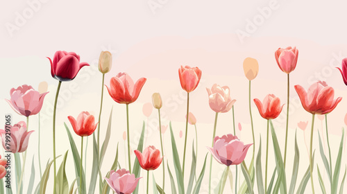 a painting of pink and red tulips in a field #799297065
