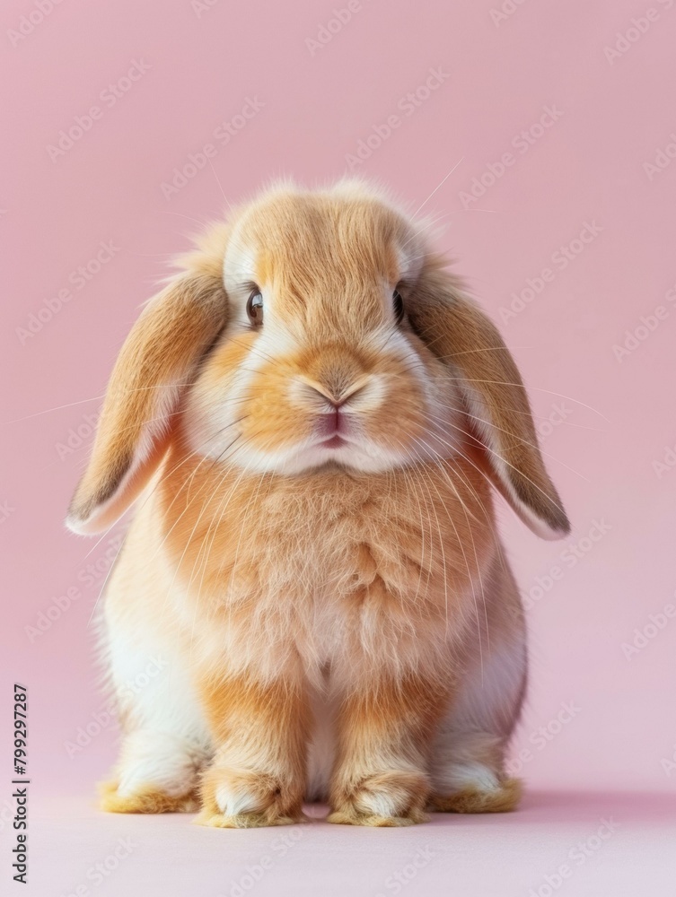 A small brown and white rabbit sitting on a pink background. Generative AI. A small brown and white rabbit sitting on a pink background. Generative AI.