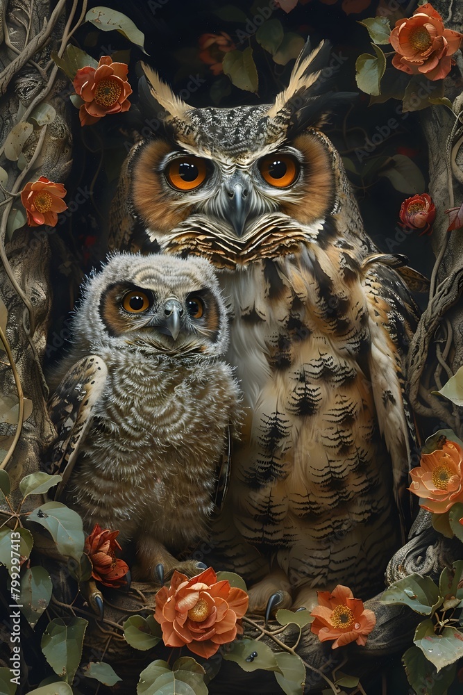 Captivating Encounter of a Soul Binder and Curious Baby Owl Amidst Enchanting Foliage Captivating Encounter of a Soul Binder and Curious Baby Owl Amidst Enchanting Foliage