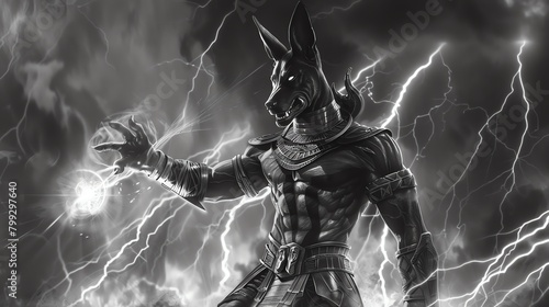 Anubis, the Egyptian god of the dead, stands before a stormy sky photo