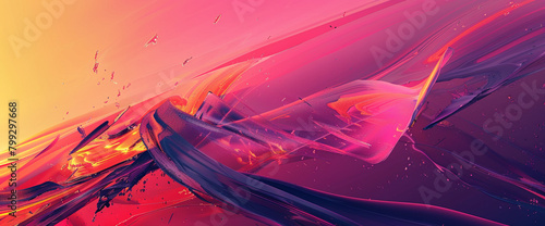 Produce an AI-generated abstract composition with dynamic shapes against a vibrant sunset gradient background, shifting from pink to deep purples, creating a sense of movement and energy.