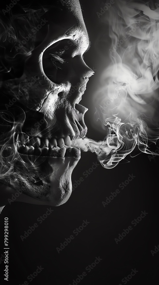 A skull with a cigarette in its mouth exhales smoke. The skull is in black and white, and the smoke is white. The background is black. A skull with a cigarette in its mouth exhales smoke. The skull is in black and white, and the smoke is white. The background is black.
