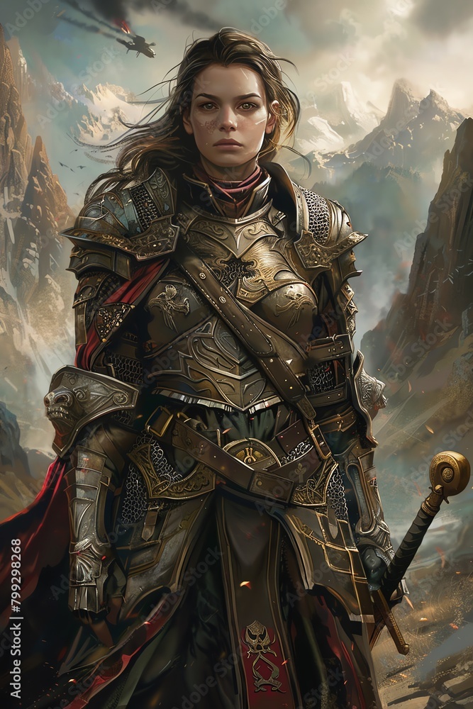 A female knight in full plate armor stands in a field of battle