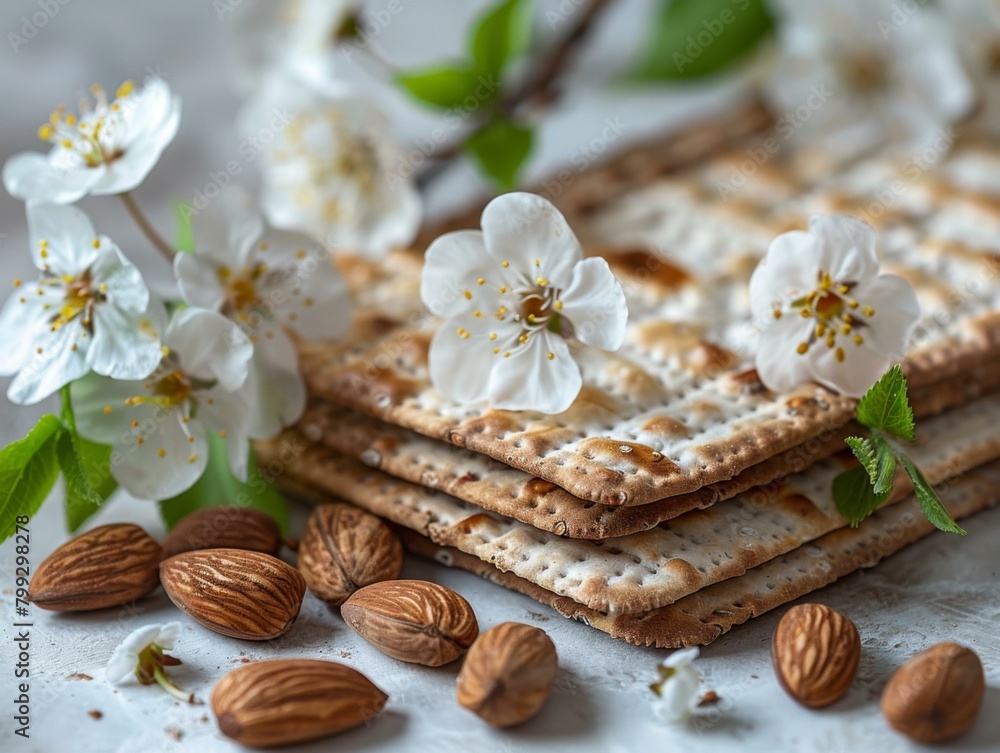 A close up of a matzah with almonds and flowers on it. AI. A close up of a matzah with almonds and flowers on it. AI.