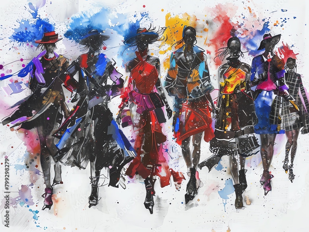 A group of six models walk the runway in a fashion show. They are all wearing colorful and stylish clothes. The background is a bright and abstract watercolor painting.