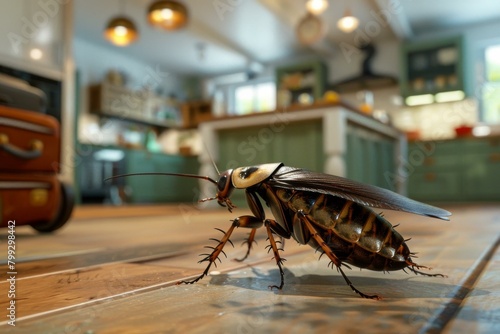 A cockroach is standing on a wooden floor in front of a kitchen. AI.