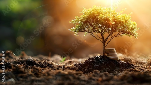 Symbolizing ESG Investment and Sustainable Development: Small Tree with Stacked Coins. Concept ESG Investment, Sustainable Development, Small Tree, Stacked Coins