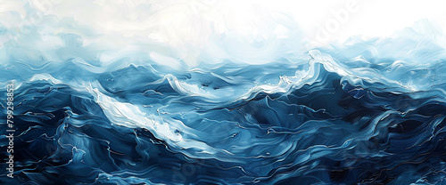Produce an artwork inspired by the rolling waves of the ocean, with colors transitioning from calming azure to rich deep navy, embodying the dynamic movement and vitality of the sea.