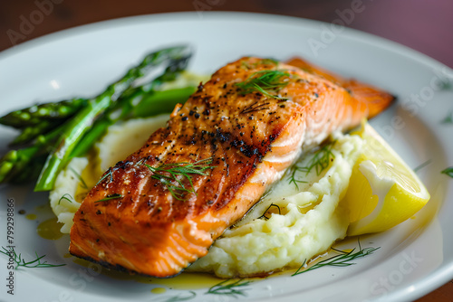 Gourmet Grilled Salmon Fillet with Creamy Mashed Potatoes, Asparagus and Fresh Dill: A Signature Dish