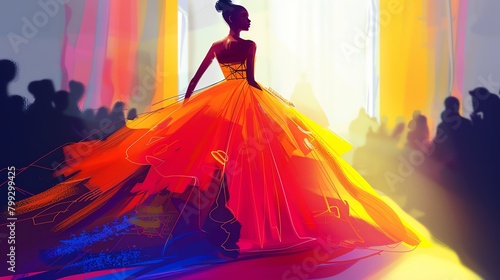 Create an abstract painting of a woman wearing a haute couture dress. The dress should be orange, yellow and blue. The background should be a bright complementary color.