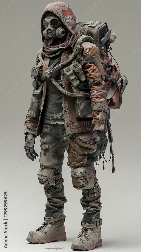 A post-apocalyptic survivor wearing a gas mask and tattered clothing. A post-apocalyptic survivor wearing a gas mask and tattered clothing.