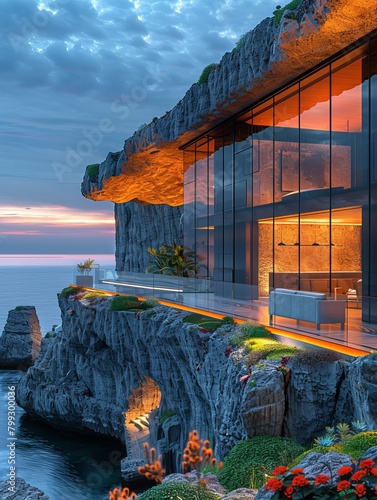 A high-end luxury glass-walled hotel, embedded in the cliff, ultra-high details, shot with a Leica camera photo
