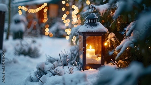 A cozy lantern illuminating the snow covered garden on Christmas evening and blur background. merry christmas © Image