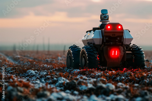 A military drone on wheels for mine clearance drives across a field photo