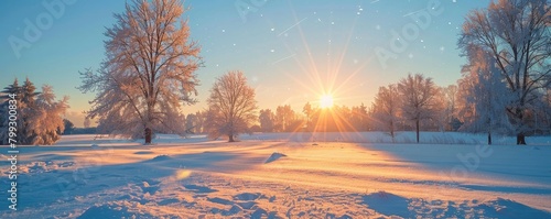 winter landscape with snow covered fields, trees covered in frost and the sun setting behind them with long shadow and sun light