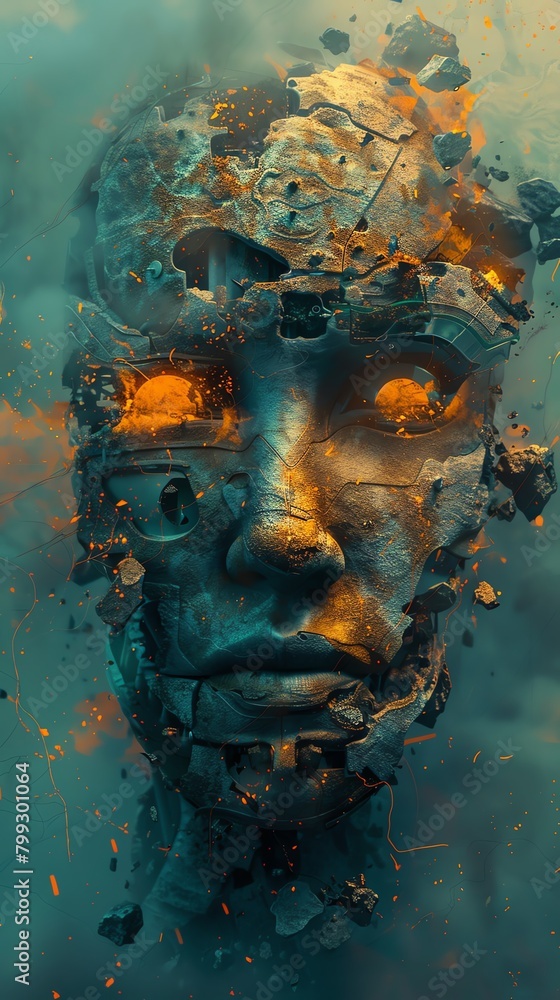 Generate an image of a highly detailed 3D rendering of a human face made out of stone with glowing yellow eyes. The face should be partially destroyed and covered in cracks. Generate an image of a highly detailed 3D rendering of a human face made out of stone with glowing yellow eyes. The face should be partially destroyed and covered in cracks.