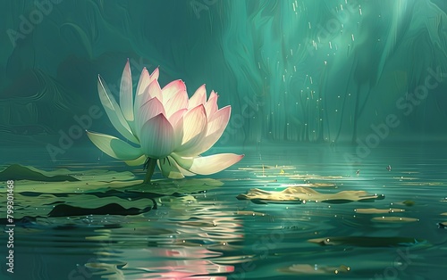 a scene of spiritual beauty where a pink and white lotus rises majestically from radiant turquoise waters 