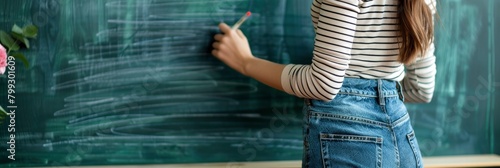 A woman writing on chalkboard in classroom, wearing striped shirt and jeans.