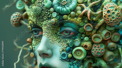 Surreal Human Head Sculpture. Contemporary Gallery, Museum Collection, Premium Art Decor. Creative Nature, Personality, Mental Health. Woman, Face, Mask, Rich Organic Texture. Postcard, Cover, Print