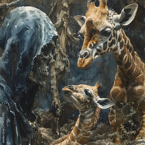 Haunting Juxtaposition of Darkness and Innocence - Baby Giraffe Confronted by Ominous Necromancer in Detailed Watercolor Painting