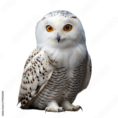 Snowy owl perched elegantly against a transparent background
