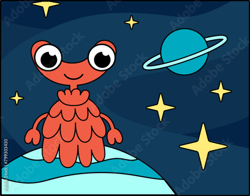 Cute red alien on blue planet in space. Cartoon, vector