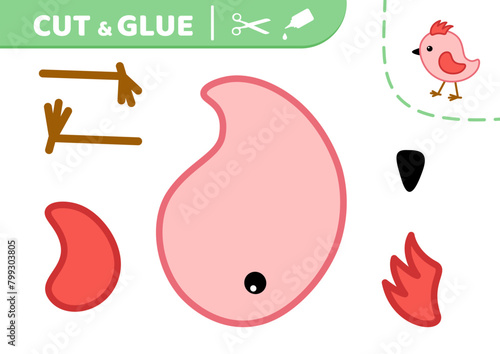 Pink nestling. Paper game. Pink bird. Cut and glue. Applique. Vector