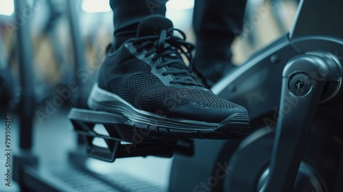 Fit man's gym-cycling foot. Gym trainer riding in athletic sneakers. Bodybuilder on gym bike cropped. Put on the correct gym sneakers. Bike leg strengthening photo