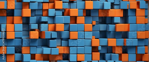 This image displays a 3D pattern of organized blue and orange cubes creating a visually captivating structure