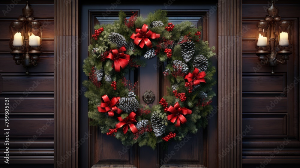 Naklejka premium Realistic portrayal of a traditional rustic wreath adorning a decorative front door, captured in high resolution, perfect for a Christmas setting