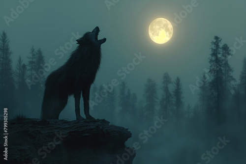 wolf werewolf howls at full moon on top of rock in forest in mist night