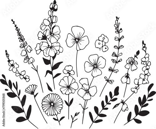 Set of April Birth Flower Sweet Pea and Daisy Black and White Art Printable, Hand drawn botanical vector illustration, Beautiful sweet pea flower with leaves line art plant branch vector botanical art