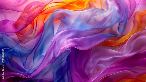 Widescreen view of multicolored fabric billowing gracefully in the wind, emphasizing movement and vibrant patterns photo