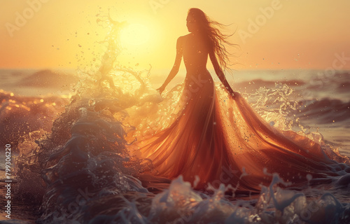 A beautiful woman made of water waves, standing on the beach at sunset with her dress swirling around like an ocean wave