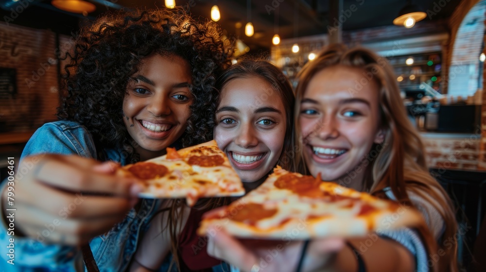 Woman, friends, and pizza for selfie, recollection, or restaurant post. In friendship, happy women smile for photo, vlog, or profile picture while eating and bonding.